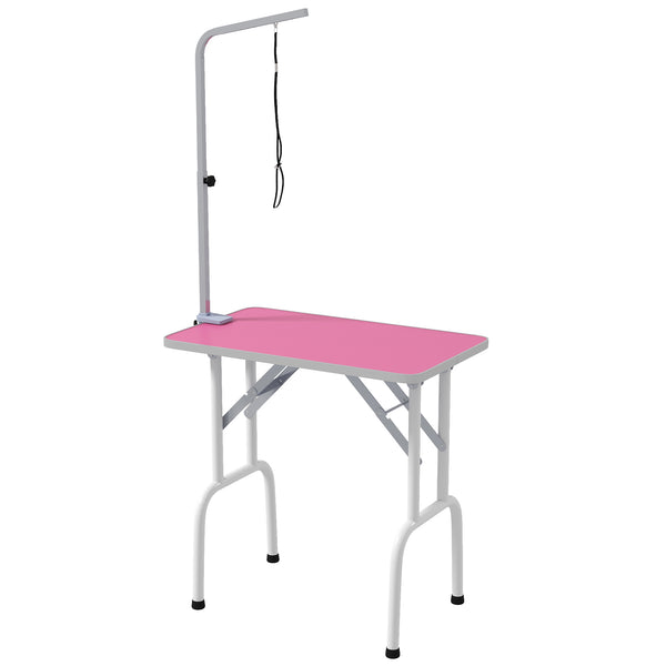 Folding grooming table with adjustable arm and non-slip surface, pink