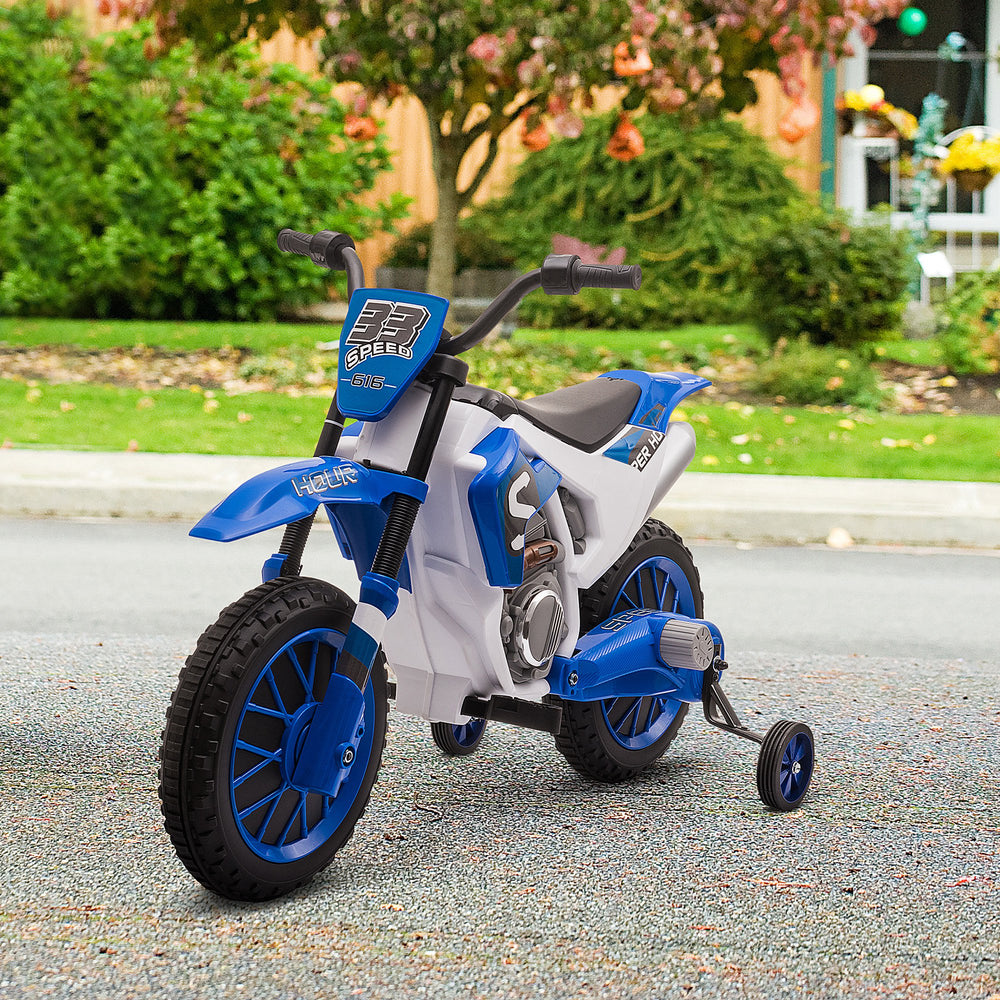 12V Electric Motorcycle with Training Wheels, Blue