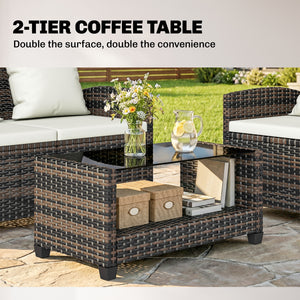 4-Piece Wicker Rattan Conversation Set with Two-Seater Sofa, Chairs and Two-Tier Table with Cushions, Beige.