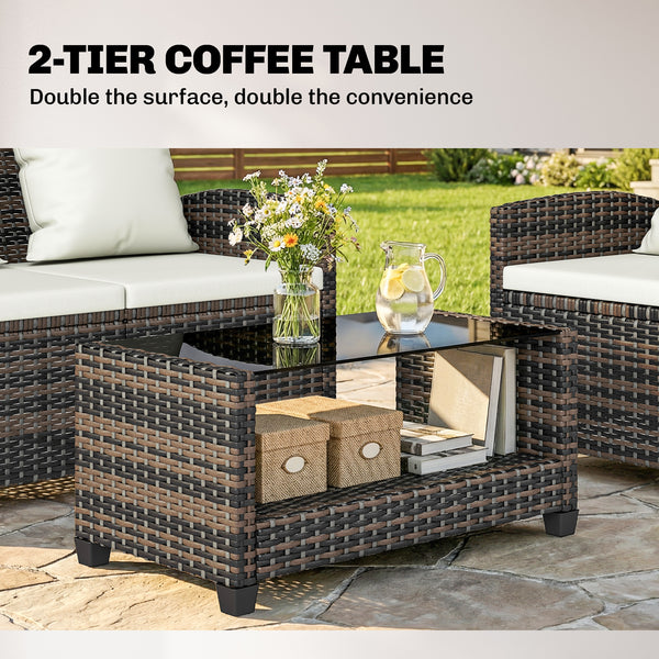 4-Piece Wicker Rattan Conversation Set with Two-Seater Sofa, Chairs and Two-Tier Table with Cushions, Beige.