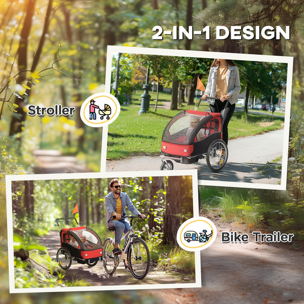 2-in-1 bicycle trailer with 5-point harness, red