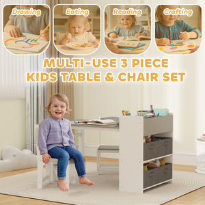 Children's Table and Chair Set with Storage Shelves and Drawers, Grey