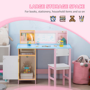 Kids Desk and Chair Set with Whiteboard, Storage and Shelves, Pink