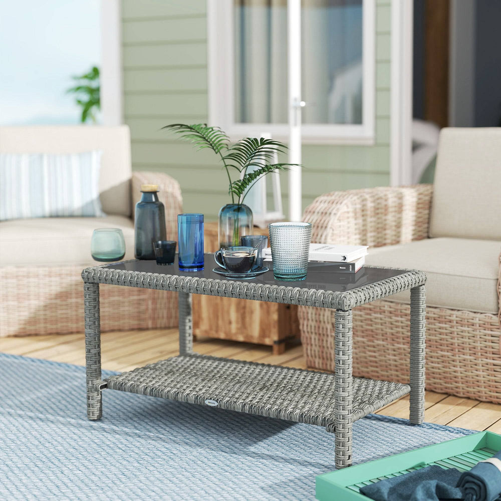 Outdoor Wicker Coffee Table with Glass Top, Dark Grey