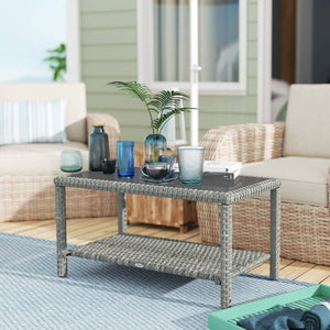 Outdoor Wicker Coffee Table with Glass Top, Dark Grey