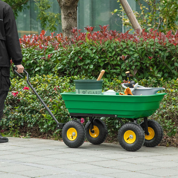 Sturdy, green garden cart with tipping bed