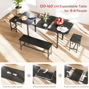 Dining Set for 4-6 People, with 2 Benches and 2 Stools, for Small Spaces, Black