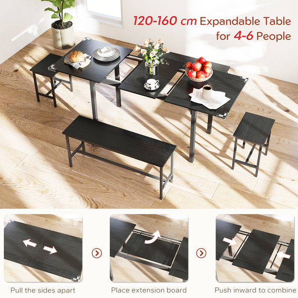 Dining Set for 4-6 People, with 2 Benches and 2 Stools, for Small Spaces, Black