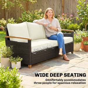 3-seater outdoor sofa in woven resin, wide seat, 10 cm cushions, wood-look armrests, off-white