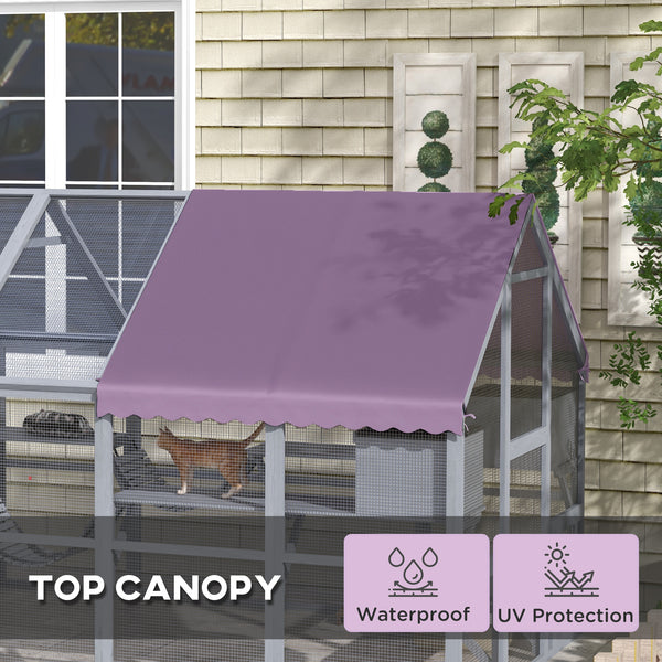 Very large outdoor wooden enclosure with weatherproof canopy