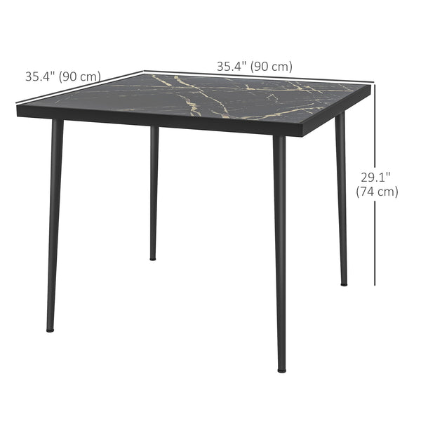 Outdoor dining table with tempered glass top with marble effect, black