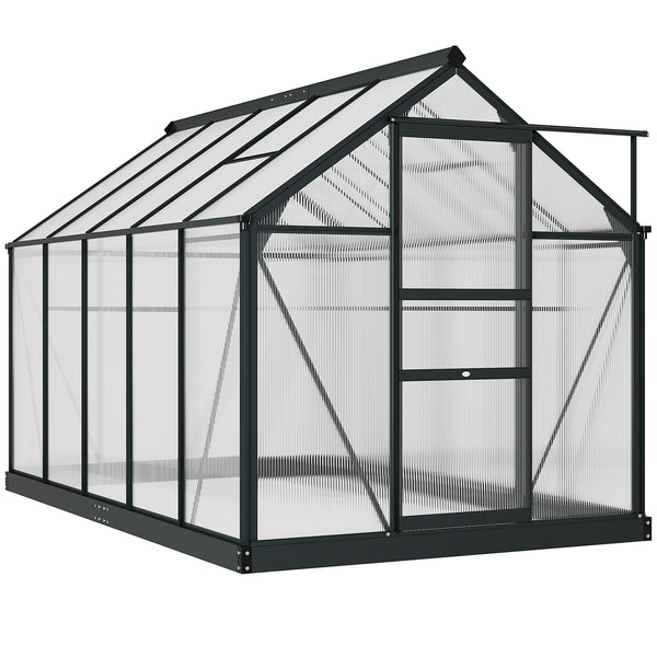 Polycarbonate greenhouse with gutter, vents and sliding door