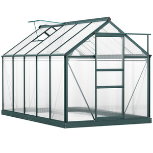 Green polycarbonate greenhouse with gutter, vents and sliding door