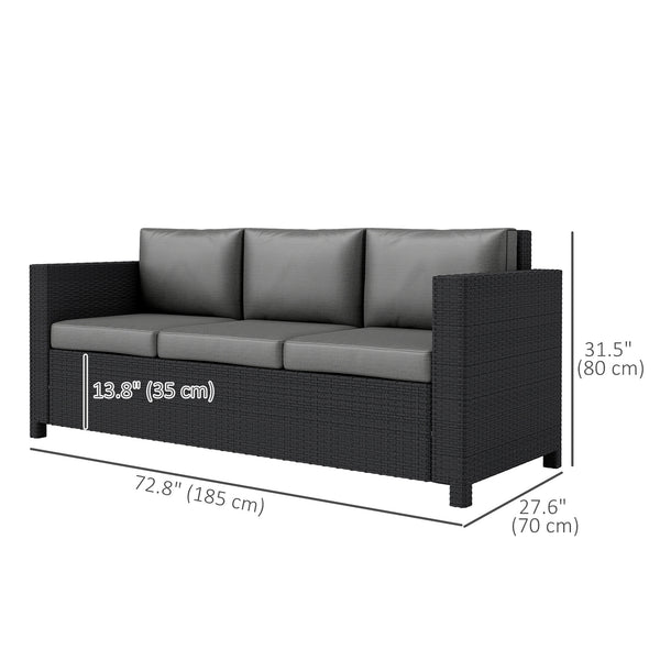 3 Seater Rattan and Wicker Sofa, Outdoor Garden Furniture with Cushion, Grey