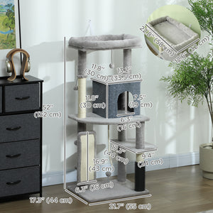 132cm Cat Tree with Scratching Posts, Basket, Kennel, Grooming Brush, Grey
