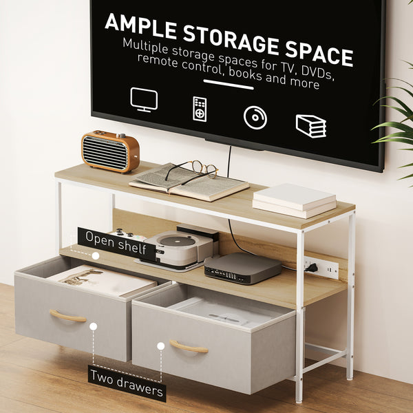 Cabinet with charging station and open shelf for 47-inch TV, oak