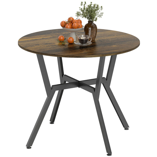Modern round dining table with steel frame, rustic brown 