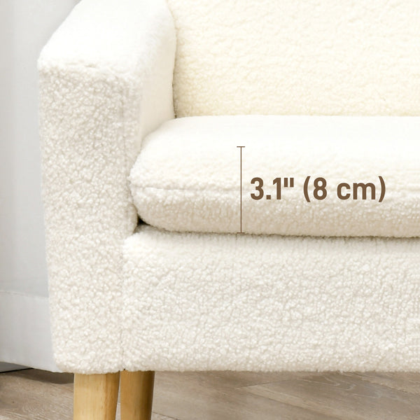 Modern upholstered armchair with wooden legs and wide padded seat, cream white