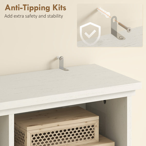 Hallway furniture with bench, coat rack, 12 shelves, 2 cupboards, 5 hooks, white wood look
