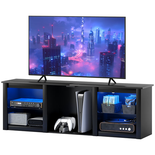 TV unit with LED lighting and adjustable glass shelves, for TVs up to 65 inches, black