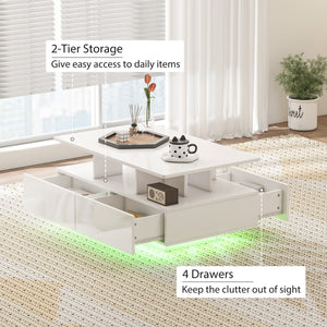 Coffee table with RGB LED lighting and 4 drawers, glossy white