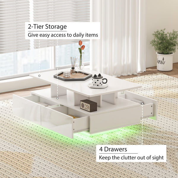 Coffee table with RGB LED lighting and 4 drawers, glossy white