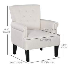 Fabric accent chair with wooden legs and rounded armrests, cream white