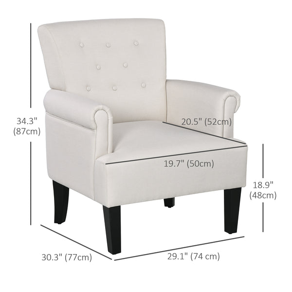 Fabric accent chair with wooden legs and rounded armrests, cream white