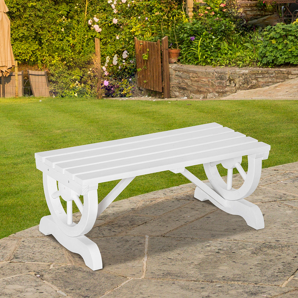 Rustic Wooden Outdoor Garden Bench for 2 People with Unique Casters Heavy Duty, White