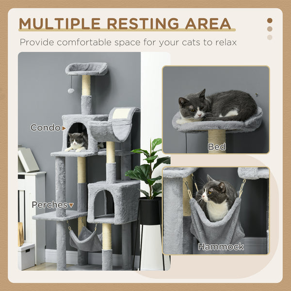 Large 178cm Multi-Level Cat Tree with Hammock, Basket &amp; Sisal Scratching Posts, Blue-Grey