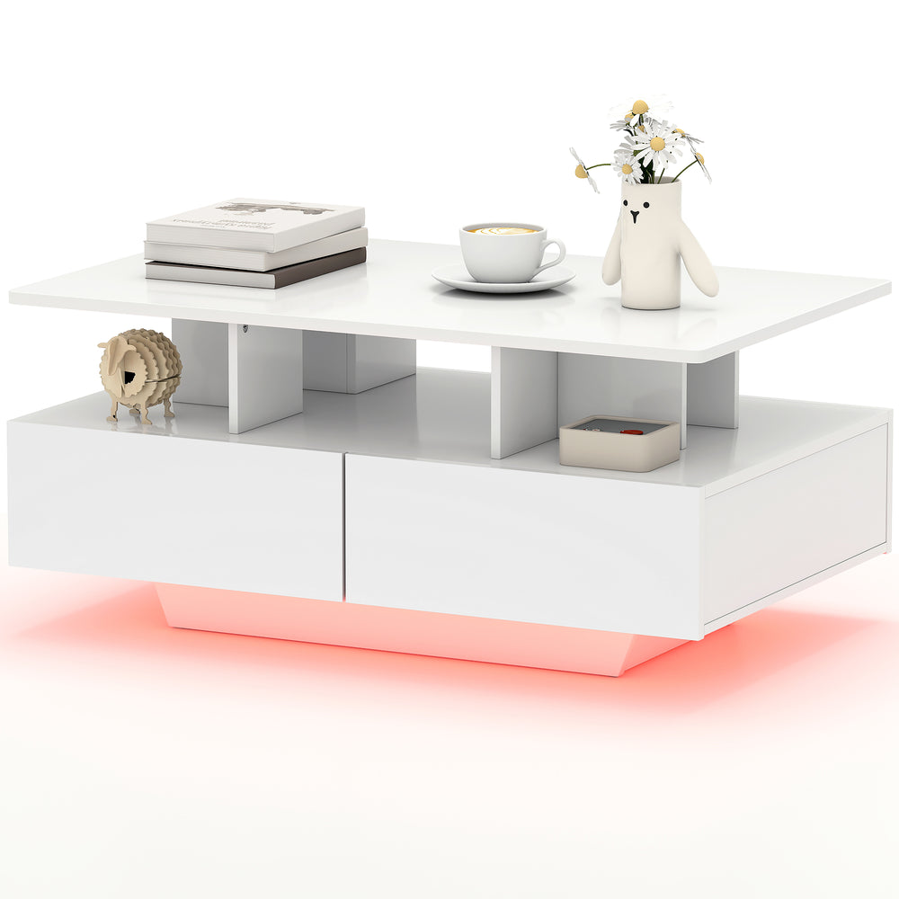 Coffee table with RGB LED lighting and 4 drawers, glossy white