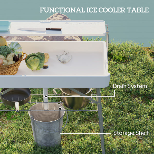 Folding cooler table with drainage system