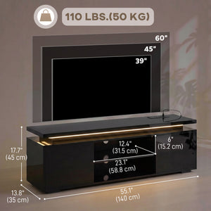 Meuble pour téléviseurs jusqu'à 60 pouces avec éclairage LED et prises électriques, noir brillant