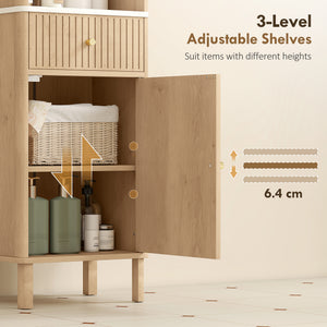 Oak-effect tall bathroom cabinet with 2 cupboards, drawer and open shelf, Oak effect