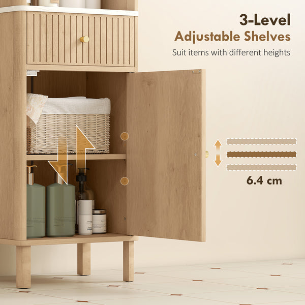 Oak-effect tall bathroom cabinet with 2 cupboards, drawer and open shelf, Oak effect