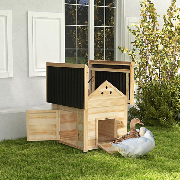 Wooden duck house with opening roof and double door