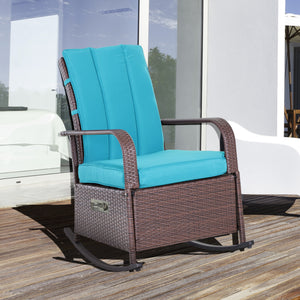 Synthetic rattan rocking chair with cushion, adjustable footrest and armrests, turquoise