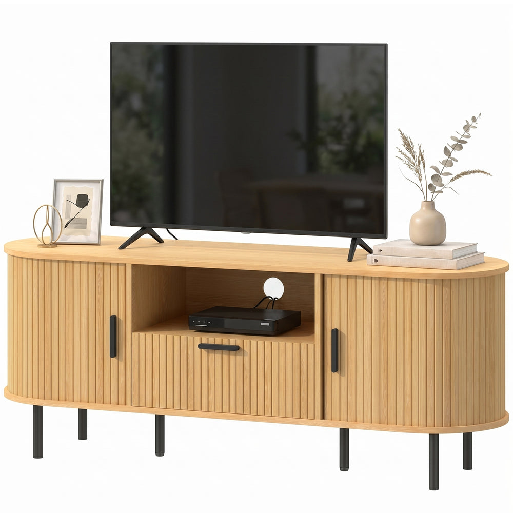 TV Stand for TVs up to 60 inches with Curved Sliding Doors and Storage, Natural Wood