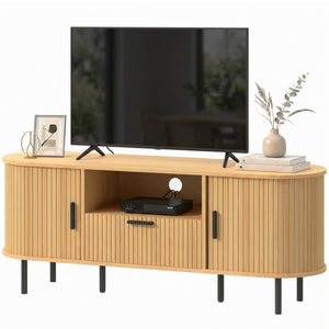 Meuble pour téléviseurs jusqu'à 60 pouces avec portes coulissantes incurvées et rangements, bois naturel