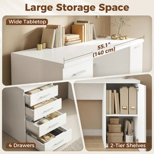 Computer desk with adjustable shelf, drawers and cabinet, white wood look.