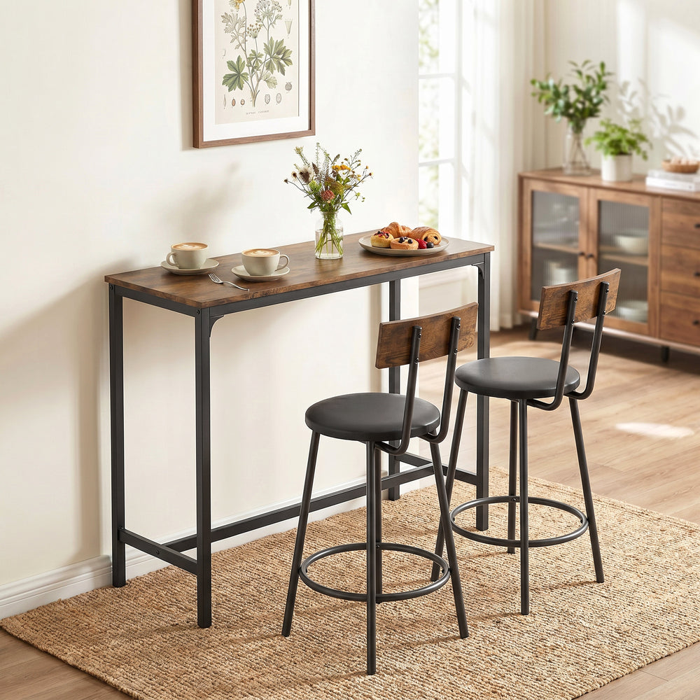 Bar table with 2 upholstered stools, rustic brown