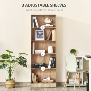 5-Tier Bookcase with Adjustable Shelves, Natural Wood