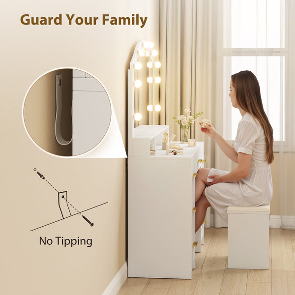 Dressing table with mirror and 10 LED lights, 3 adjustable colors, 7 drawers, 3 compartments, white