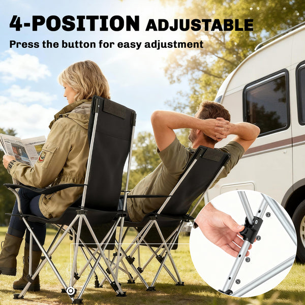 Set of 2 Reclining Camping Chairs with Footrests, Foldable with Headrest, Cup Holder, and Storage Bag, Orange
