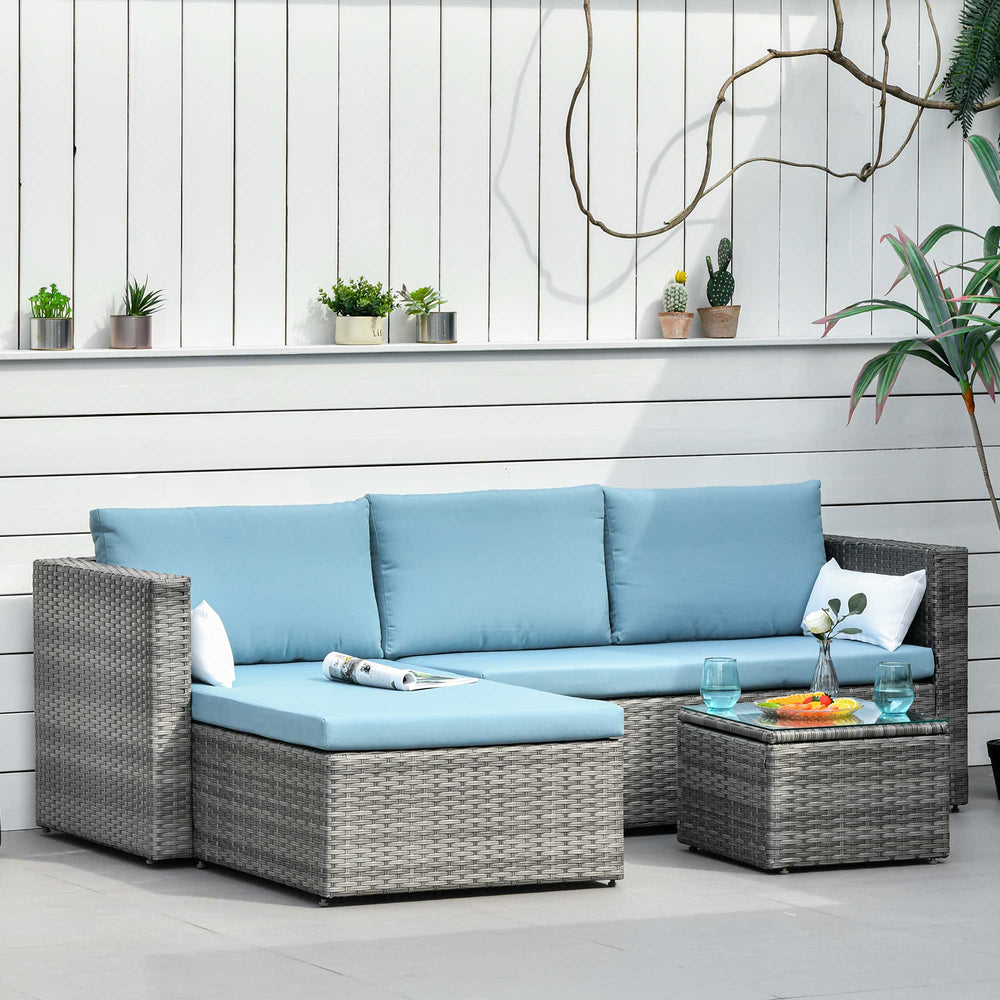 3-Piece Patio Furniture Set Modern Sectional Sofa Rattan Chair Wicker Conversation Set Outdoor Hand Woven Rattan Wicker Furniture Patio Coffee Table Sofa Set, Blue