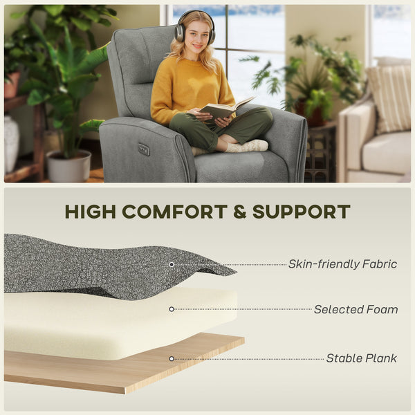 Electric reclining chair, fabric upholstery, USB ports, footrest, grey