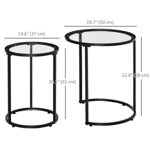 Set of 2 round side tables with tempered glass top, black