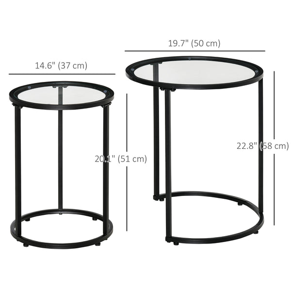 Set of 2 round side tables with tempered glass top, black