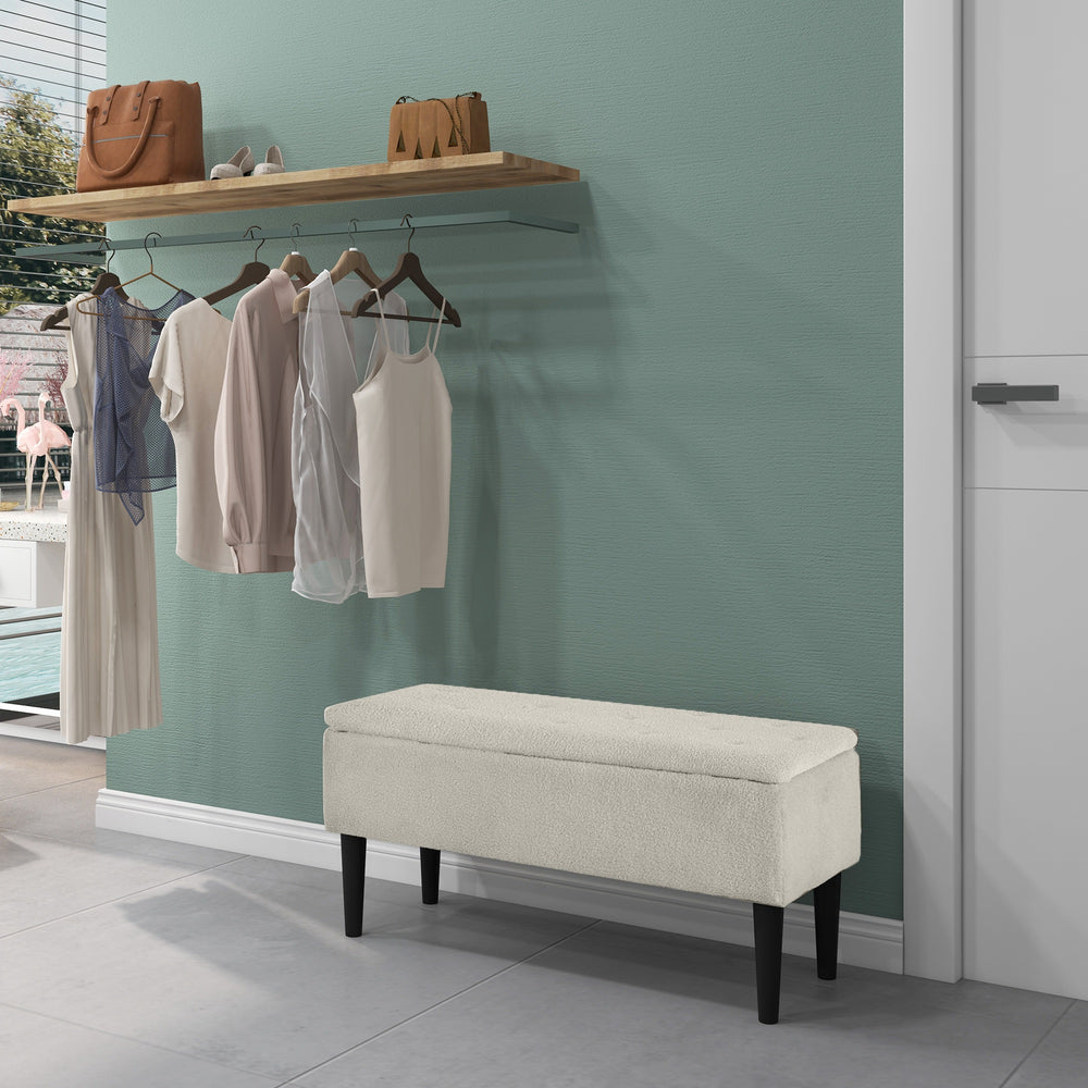 Modern storage bench with lambswool upholstery, cream white