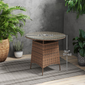 Round garden table with parasol hole and tempered glass top, brown